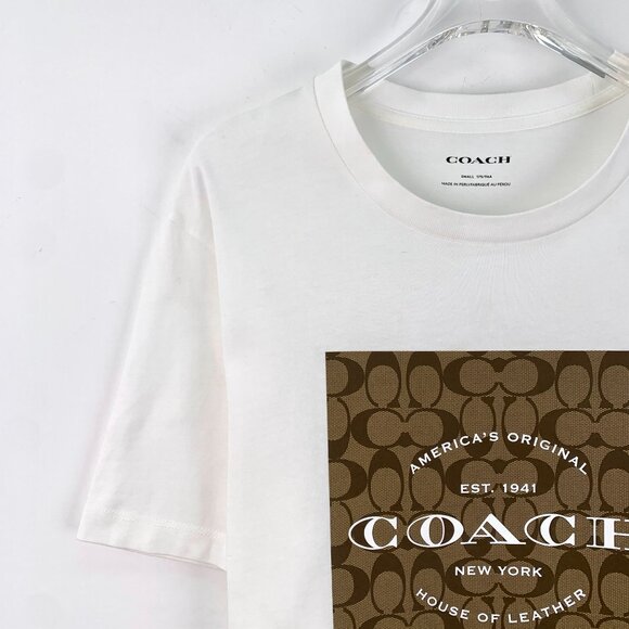 Coach White Logo Print Round-Neck Short-Sleeve T-Shirt Size S 100% Cotton Made I - Picture 6 of 7